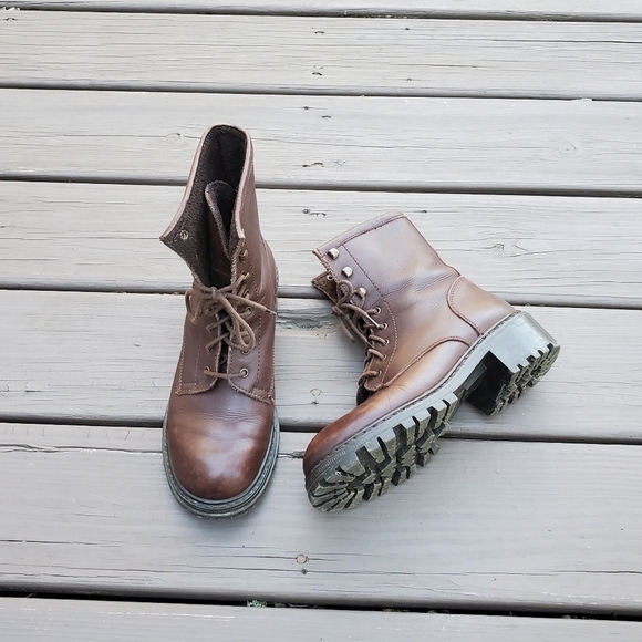 Vintage 90s y2k Bratz Brown Leather Lace-up Chunky Lug Platform Ankle Boots 8 - Picture 1 of 9